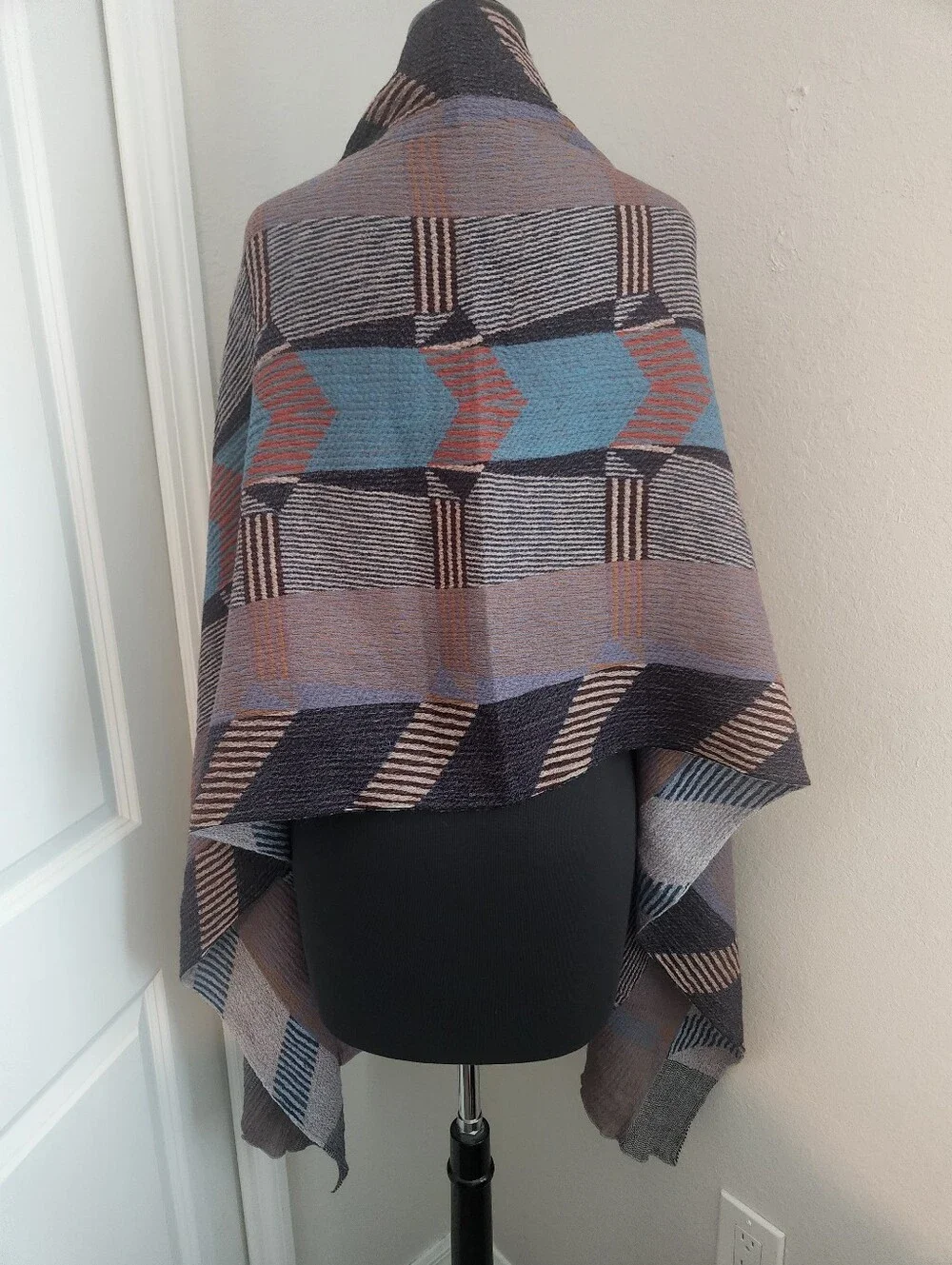 By Nuno Plaid Open-Front Women's Wrap in Blue, Gray & Brown
